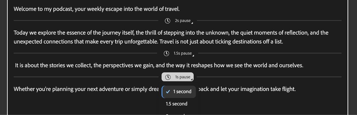 Generate Speech screen with a text editor showing added pauses represented by horizontal lines.