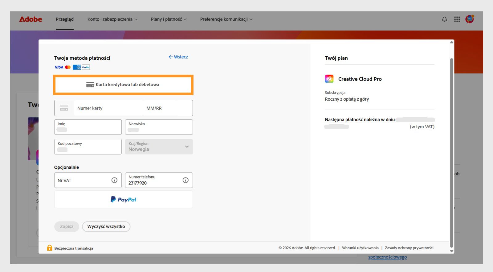 Okno Twoja metoda płatności pokazuje dostępne metody płatności. Wybranie metody płatności powoduje wyświetlenie pól do wprowadzenia danych płatności. 