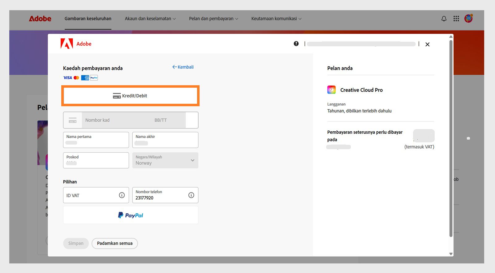 Tetingkap Kaedah pembayaran anda menunjukkan kaedah pembayaran yang tersedia. Pemilihan kaedah pembayaran akan memaparkan medan untuk memasukkan butiran pembayaran. 