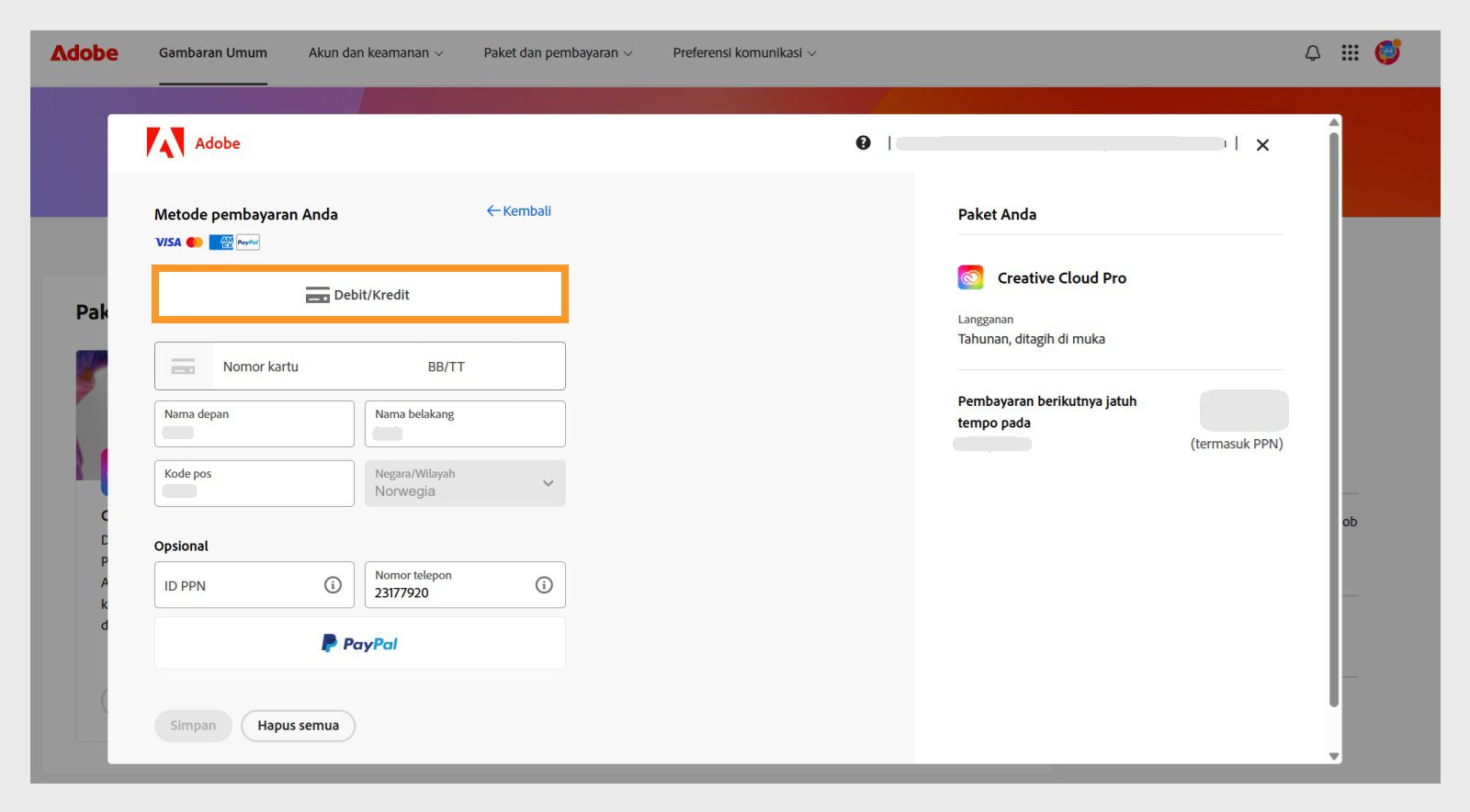 Jendela Metode pembayaran Anda menampilkan metode pembayaran yang tersedia. Memilih metode pembayaran akan menampilkan kolom untuk memasukkan detail pembayaran. 