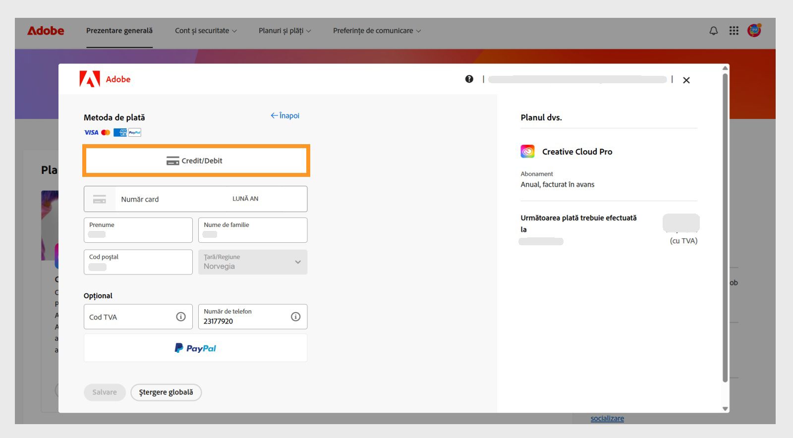 Fereastra Metoda dvs. de plată afișează metodele de plată disponibile. Selectarea unei metode de plată afișează câmpurile pentru introducerea detaliilor de plată. 