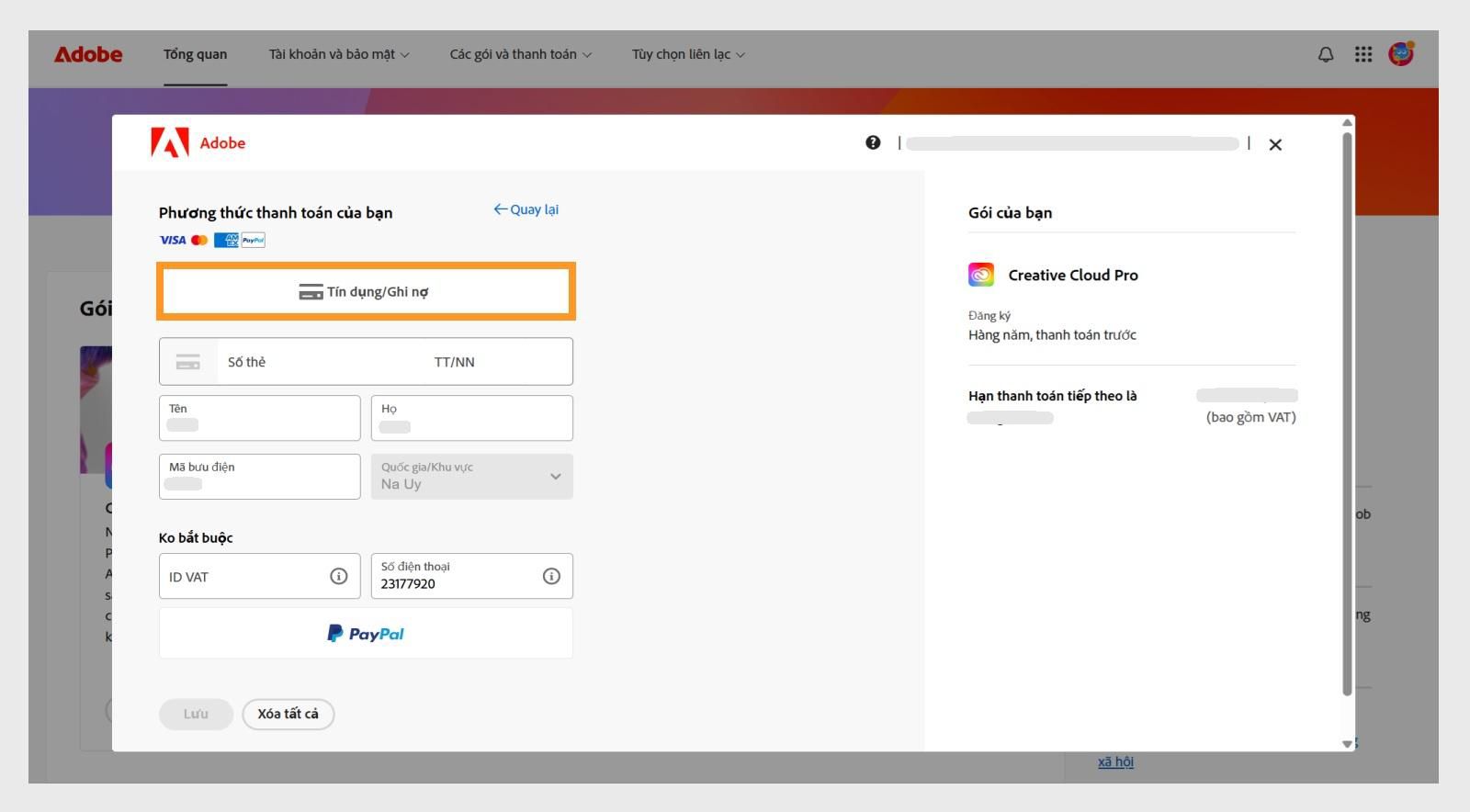 Cửa sổ Phương thức thanh toán của bạn hiển thị các phương thức thanh toán khả dụng. Việc chọn một phương thức thanh toán sẽ hiển thị các trường để nhập thông tin thanh toán. 