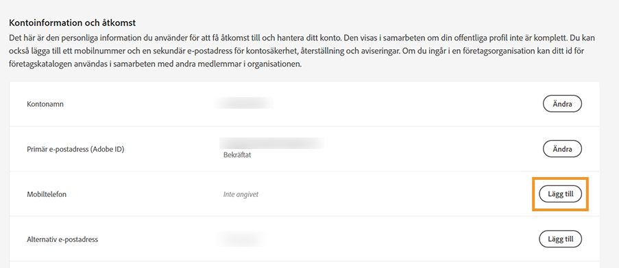 Välj Lägg till för att lägga till ett telefonnummer