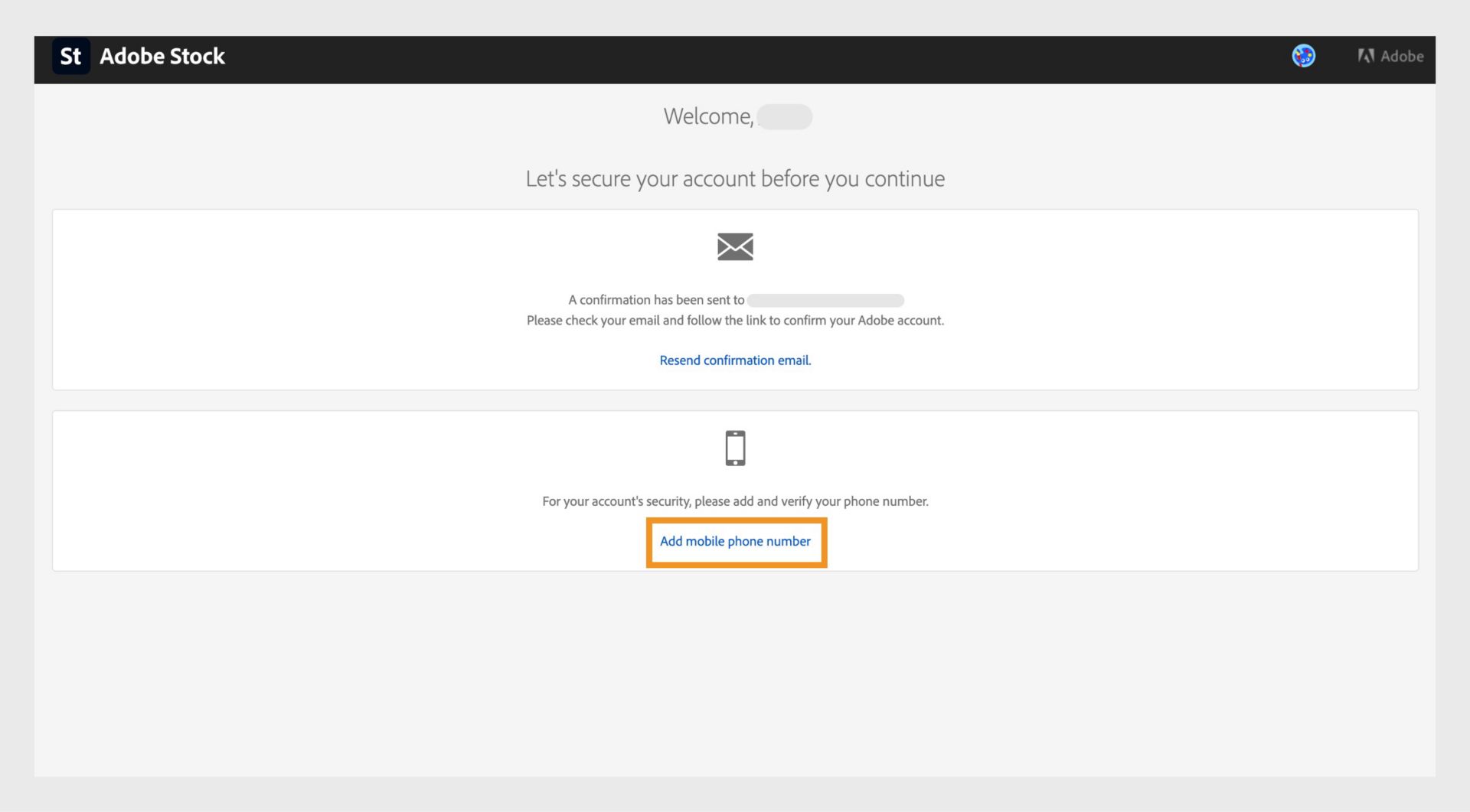 El botón Agregar número de teléfono móvil, disponible después de crear tu cuenta de Adobe, te permite agregar un número móvil a tu cuenta.