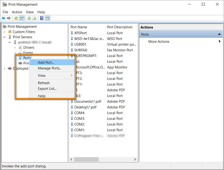Pridajte port pomocou dialógového okna Správa tlače