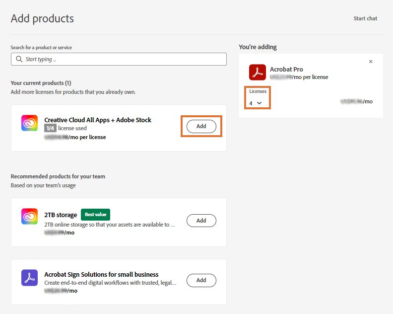 Tela Adicionar produtos com o botão Adicionar e uma opção para aumentar a quantidade de licenças em destaque