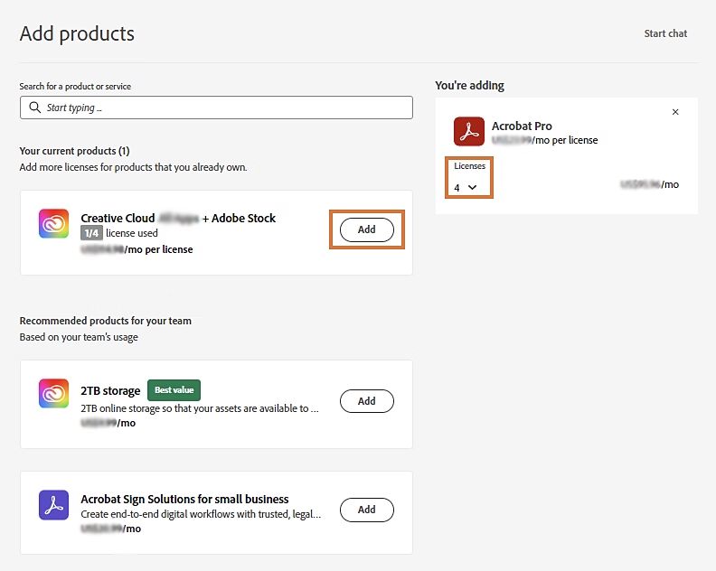 Add products screen with the Add button and option to increase the license quantity highlighted