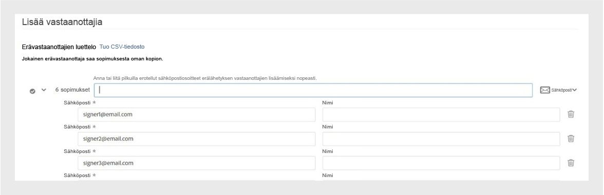 Acrobat-käyttöliittymässä näkyy Lisää vastaanottajia -näyttö, jossa käyttäjät voivat kirjoittaa ja tuoda sähköpostiosoitteita lähettääkseen eränä sähköisiä allekirjoitusten pyyntöjä.