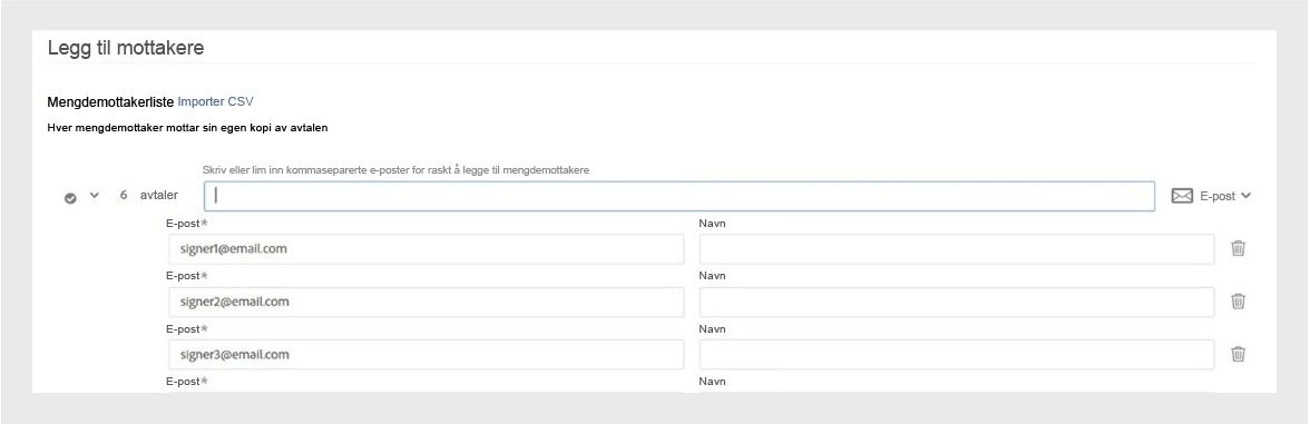 Acrobat-grensesnittet viser skjermbildet Legg til mottakere der brukere kan skrive inn eller importere e-postadresser for å sende flere e-signaturforespørsler samtidig.