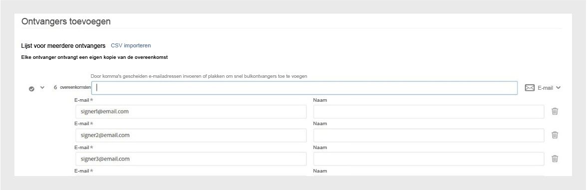 De Acrobat-interface toont het scherm Ontvangers toevoegen, waar gebruikers e-mailadressen kunnen invoeren of e-mailadressen kunnen importeren om elektronische handtekeningen in bulk aan te vragen.