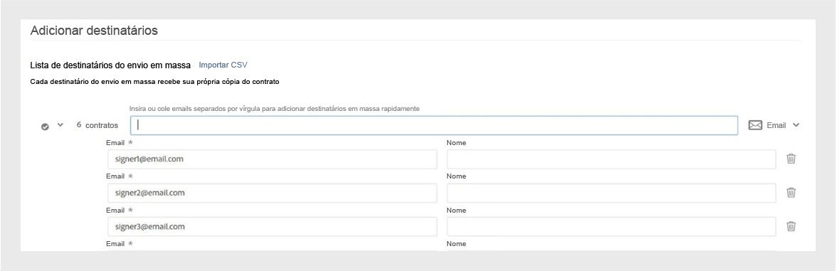 A interface do Acrobat exibe a tela Adicionar destinatários, onde os usuários podem inserir ou importar endereços de email para enviar solicitações de assinatura eletrônica em massa.