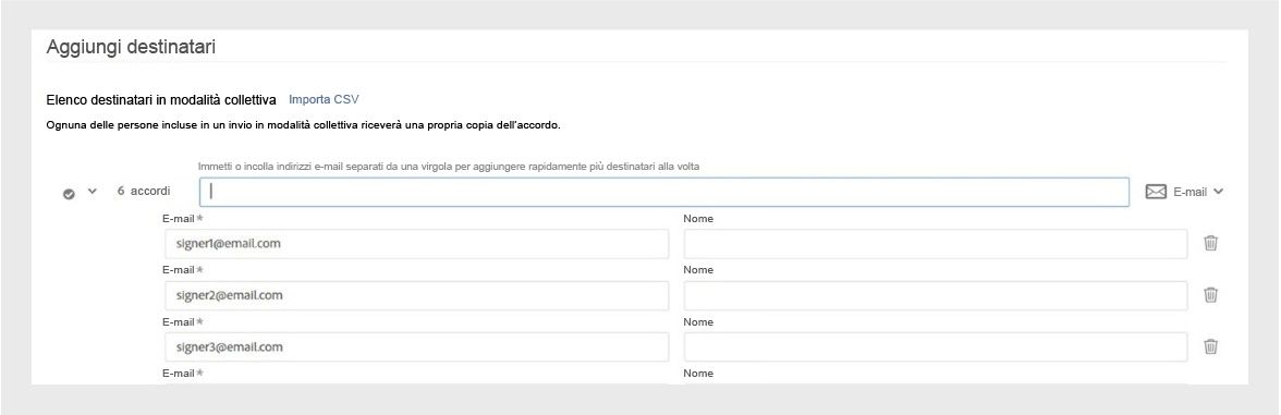 Nell’interfaccia di Acrobat viene visualizzata la schermata “Aggiungi destinatari”, in cui gli utenti possono immettere o importare gli indirizzi e-mail per inviare richieste in modalità collettiva di firme elettroniche.