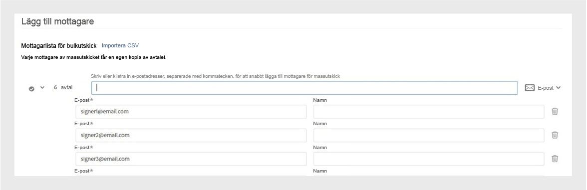 I Acrobat-gränssnittet visas skärmrutan Lägg till mottagare, där användare kan skriva in eller importera e-postadresser för att göra massutskick med begäran om e-signaturer.