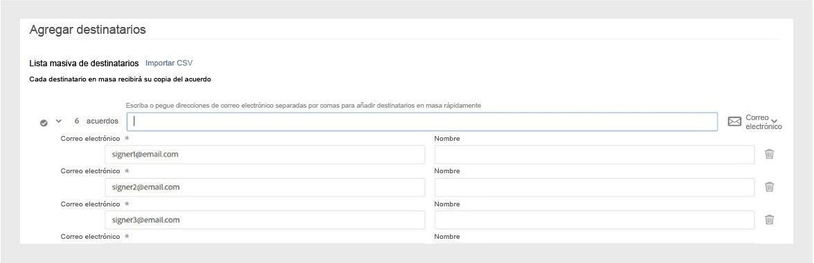 La interfaz de Acrobat muestra la pantalla Agregar destinatarios, en la que los usuarios pueden introducir o importar direcciones de correo electrónico para enviar solicitudes de firma electrónica en bloque.