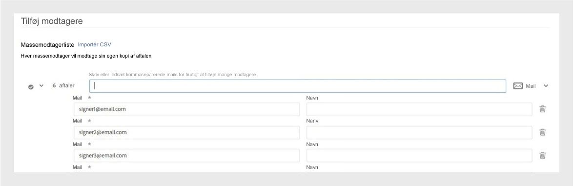 Acrobat-grænsefladen viser skærmen Tilføj modtagere, hvor brugerne kan angive eller importere mailadresser for at sende anmodninger om e-signaturer i massevis.