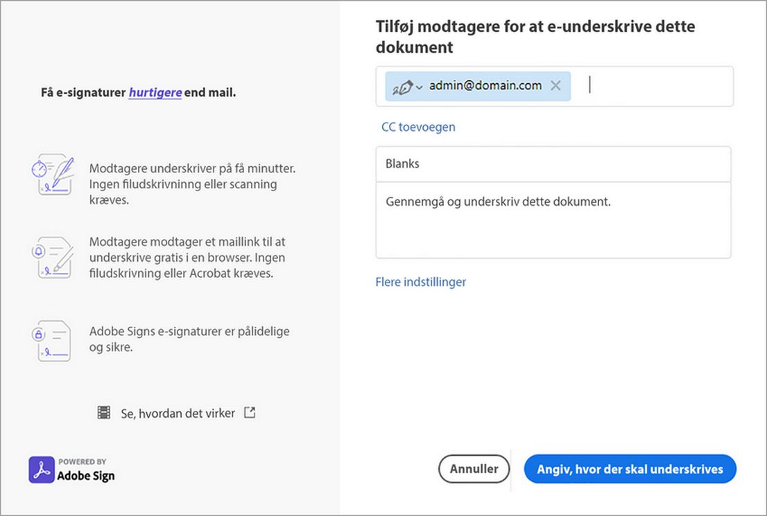 Tilføj Cc, emne, beskeddetaljer
