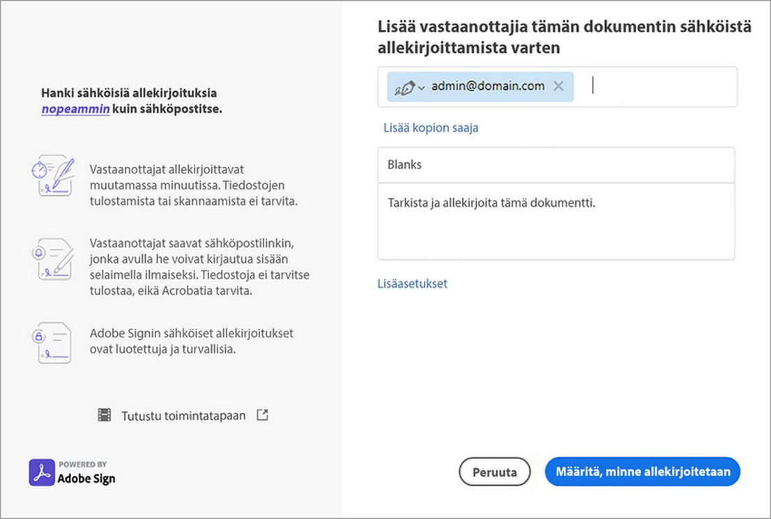 Lisää kopion saaja, aihe, viestin tiedot
