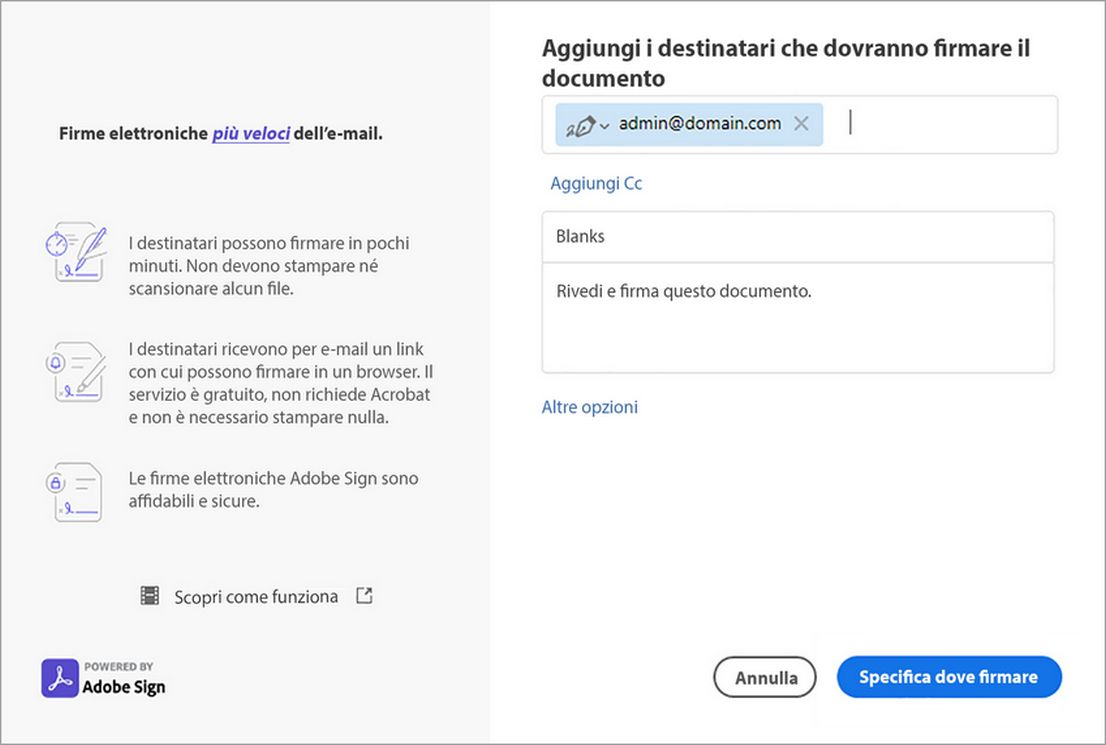 Aggiungi Cc, oggetto, dettagli del messaggio