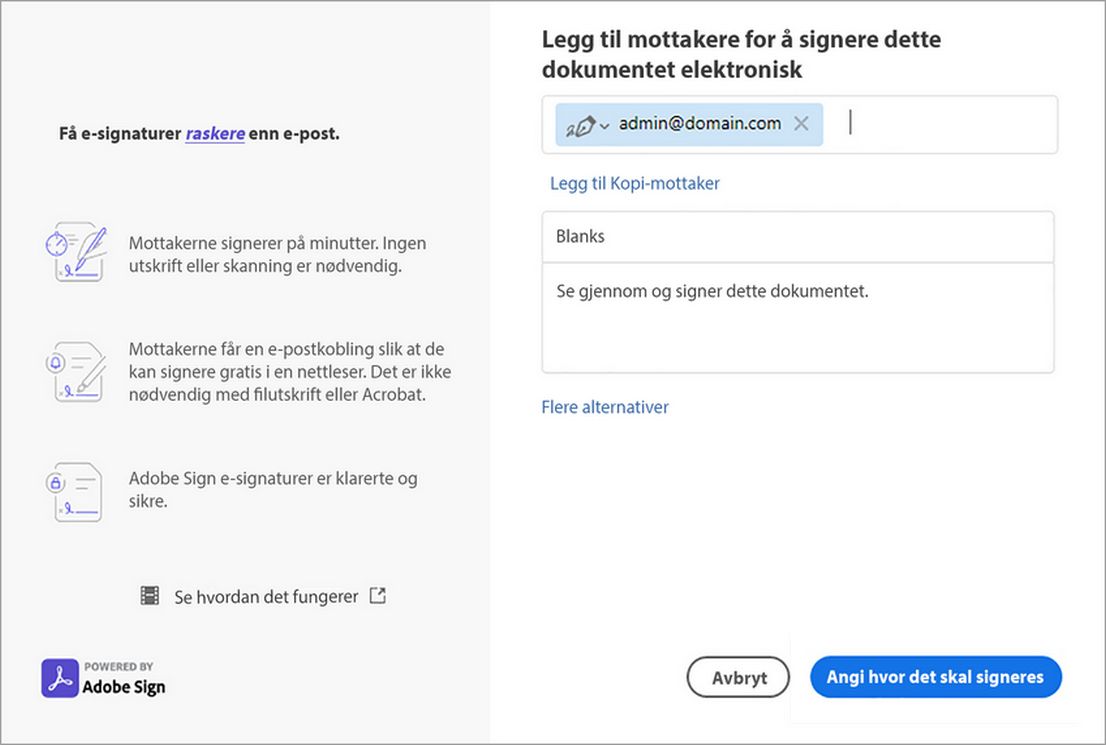 Legg til kopimottakere, emne, meldingsdetaljer
