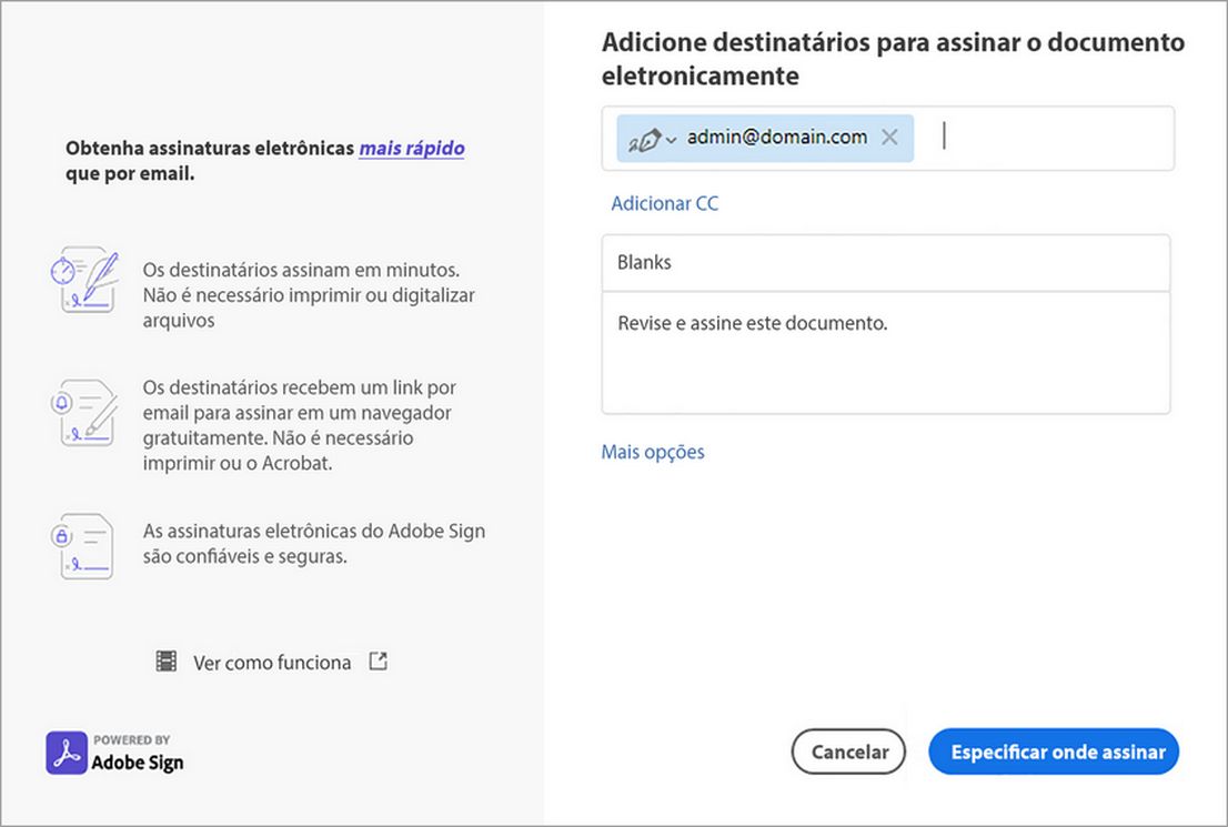 Adicionar informações sobre Cc, assunto e mensagem