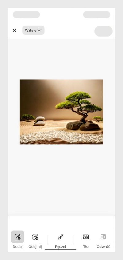 Minimalistyczny ogród zen z piaskiem, drzewkami bonsai i brukowaną ścieżką. 