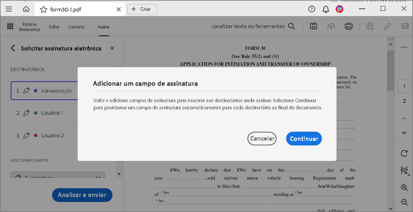 Adicionar um campo de assinatura