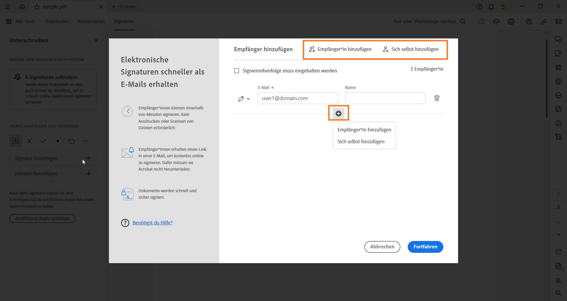 Empfänger hinzufügen
