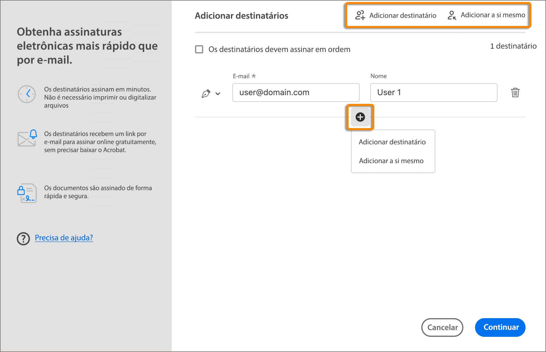 Adicionar destinatários