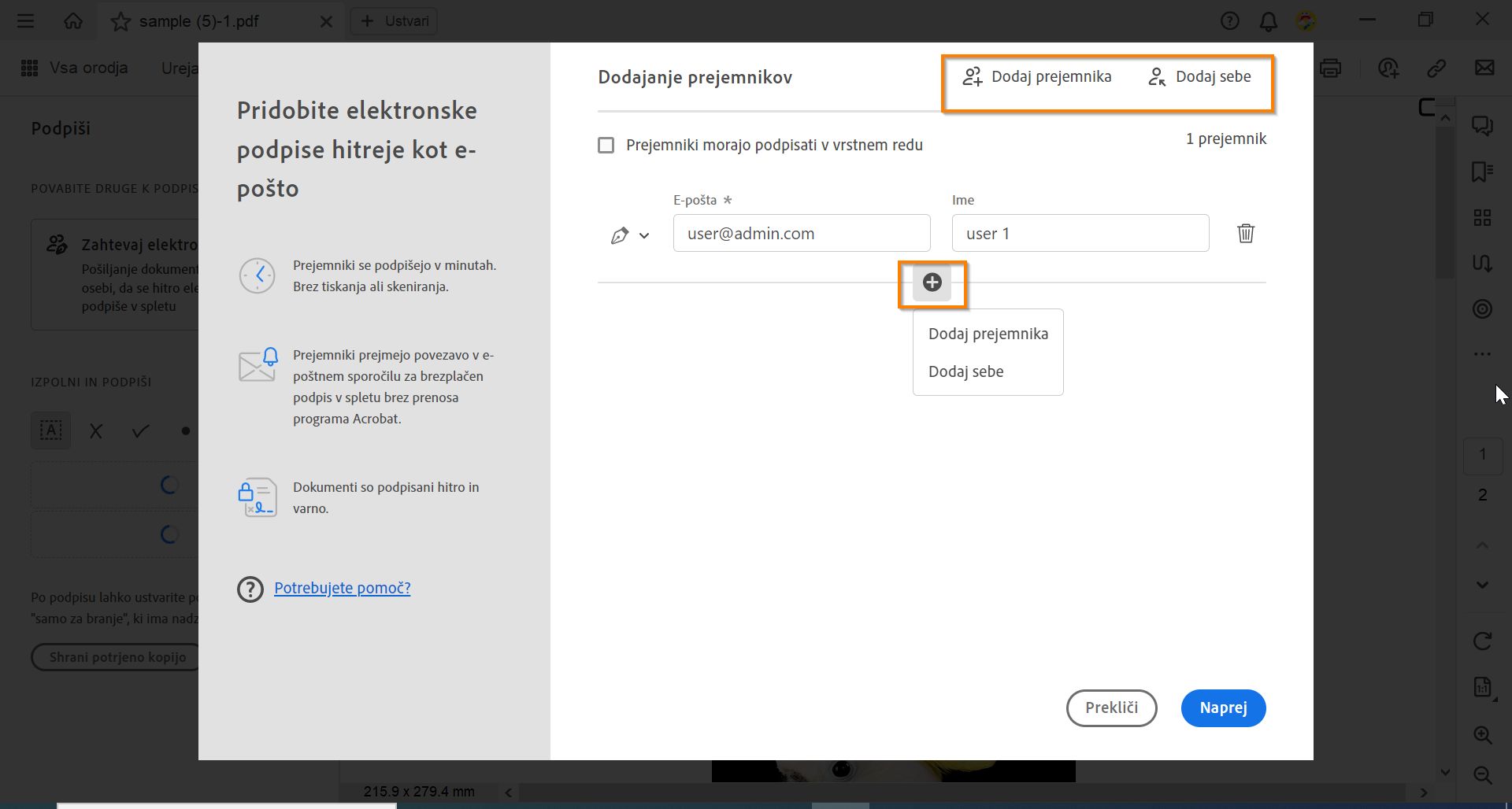 Dodajanje prejemnikov