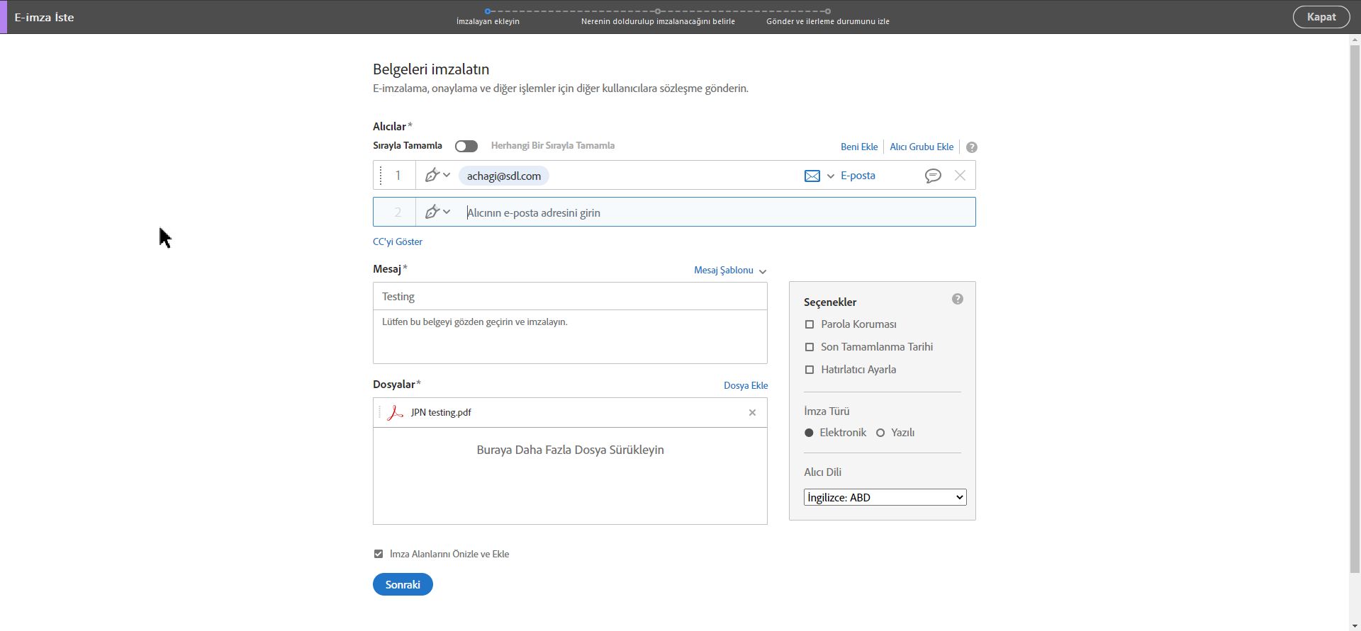 Acrobat Sign - Gelişmiş Seçenekler