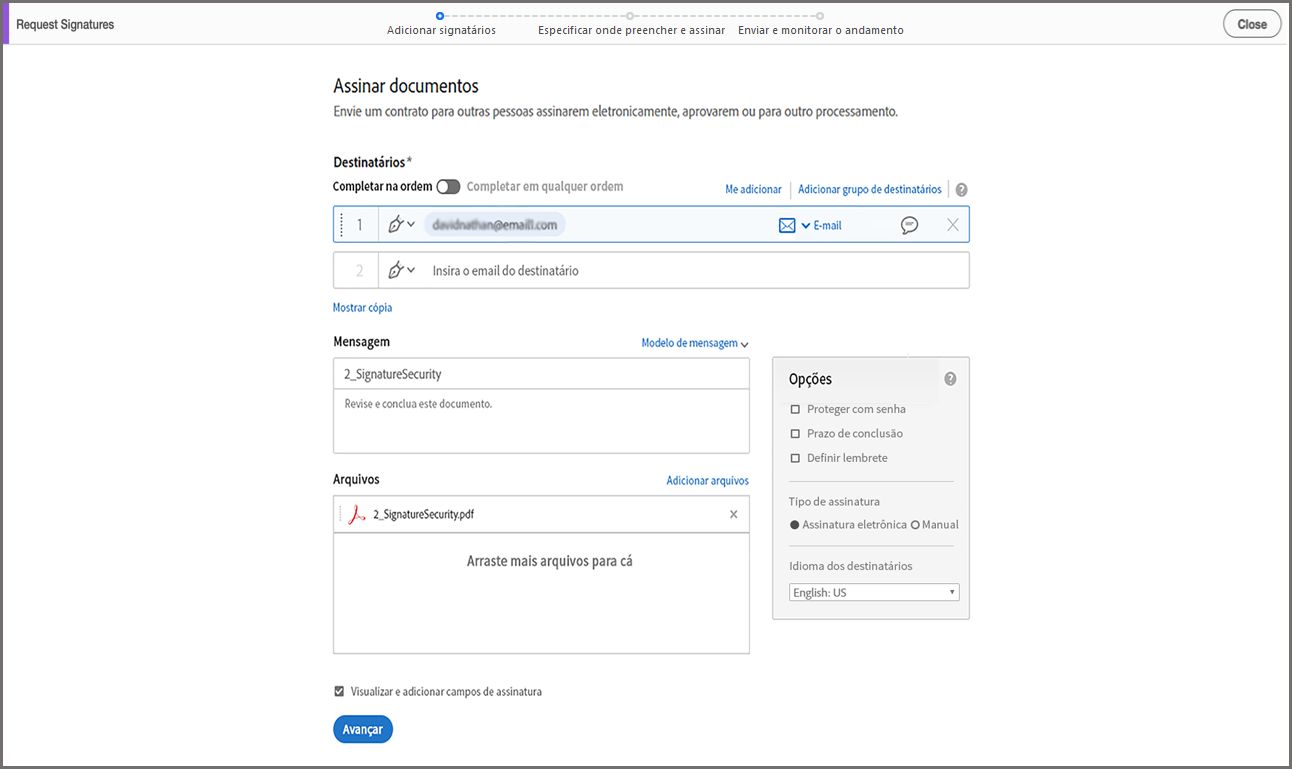 Acrobat Sign — Opções avançadas