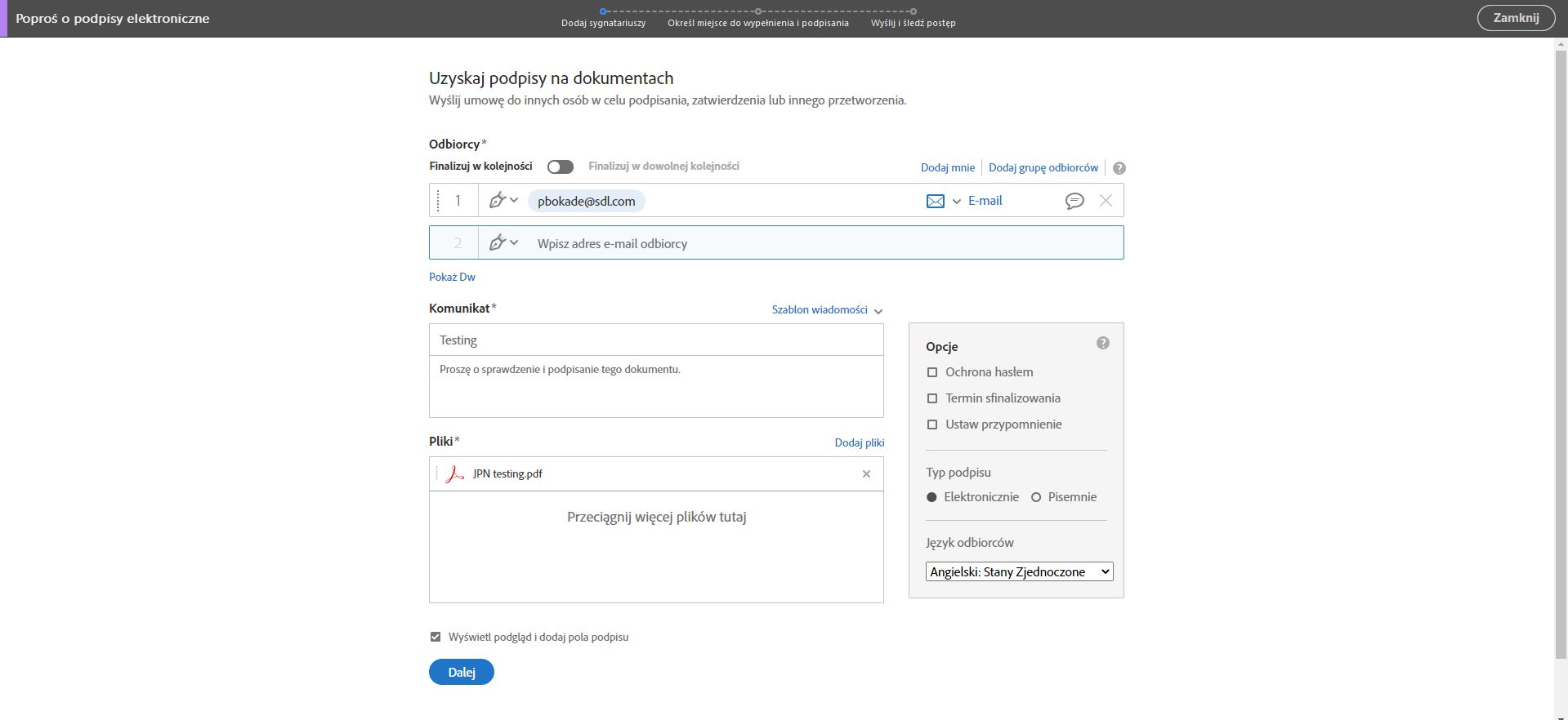 Acrobat Sign — opcje zaawansowane