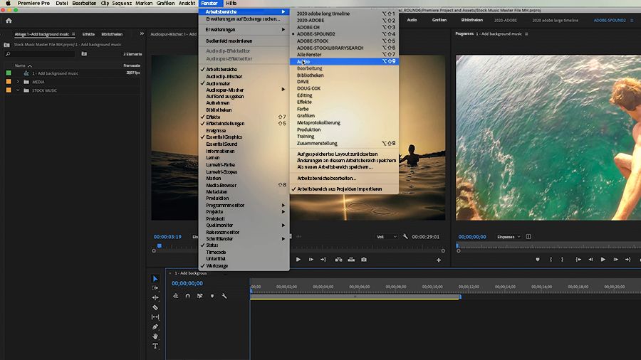 Premiere Pro-Menüansicht für Aufruf von Fenster > Arbeitsbereiche > Audio. Programmmonitor zeigt Mann, der ins Wasser springt.