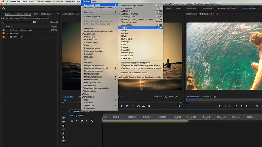 Dans Premiere Pro, le pointeur survole l’option Fenêtre > Espaces de travail > Audio, et l’image dans le moniteur du programme représente un homme en train de sauter dans l’eau.