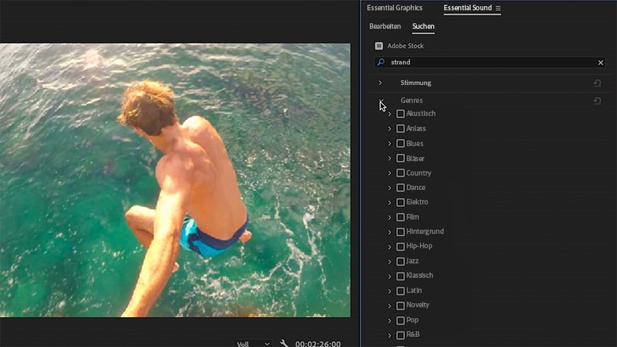 Premiere Pro. Bedienfeld „Essential Sound“. Cursor auf Filteroption „Genres“. Programmmonitor: Mann springt ins Wasser.