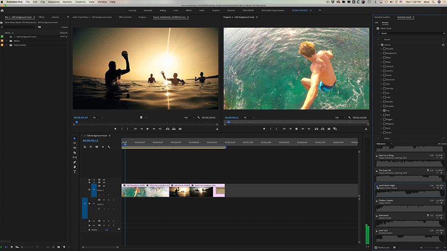 Adobe Premiere Proデスクトップのスクリーンショットで、Adobe Premiereデスクトップ全体が表示され、エッセンシャルサウンドパネルでミュージックトラックの再生ボタンにカーソルが置かれている