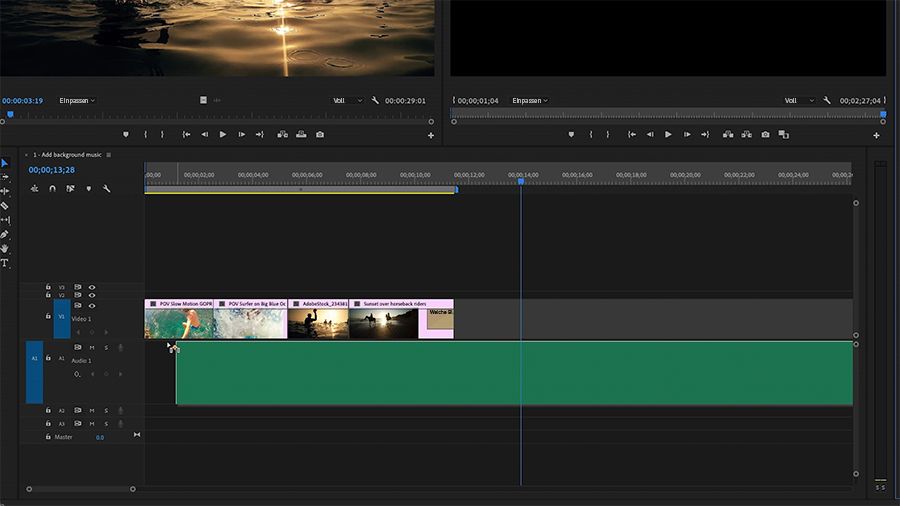 Adobe Premiere Pro. Im Schnittfenster wird ein neuer Soundtrack auf die Spur „Audio 1“ platziert.