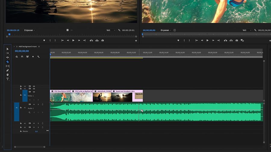 Adobe Premiere Pro. Im Schnittfenster wird ein Soundtrack mit dem Rasierklingen-Werkzeug geteilt.