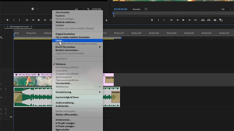 Adobe Premiere Pro-Schnittfenster. Im Kontextmenü eines Adobe Stock Audio-Tracks wird die Option „Lizenz...“ ausgewählt.