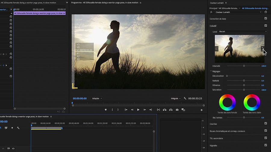 La vidéo d’une femme pratiquant le yoga fait l’objet d’une correction colorimétrique dans Premiere Pro.