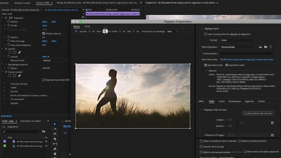 La vidéo d’une femme pratiquant le yoga fait l’objet d’un rognage dans Premiere Pro.