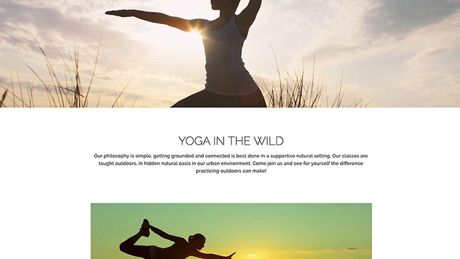 ヨガをしている人物のプロ品質のビデオクリップが表示されているYoga in the Wildのwebサイト