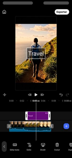 Clipe de texto "Viagem" adicionado acima da faixa de vídeo, com opções Editar texto e Estilo na barra de ferramentas.