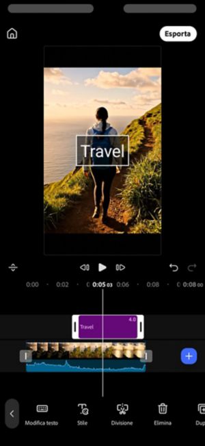 Clip di testo "Travel" aggiunta sopra la traccia video, con le opzioni Modifica testo e Stile nella barra degli strumenti.