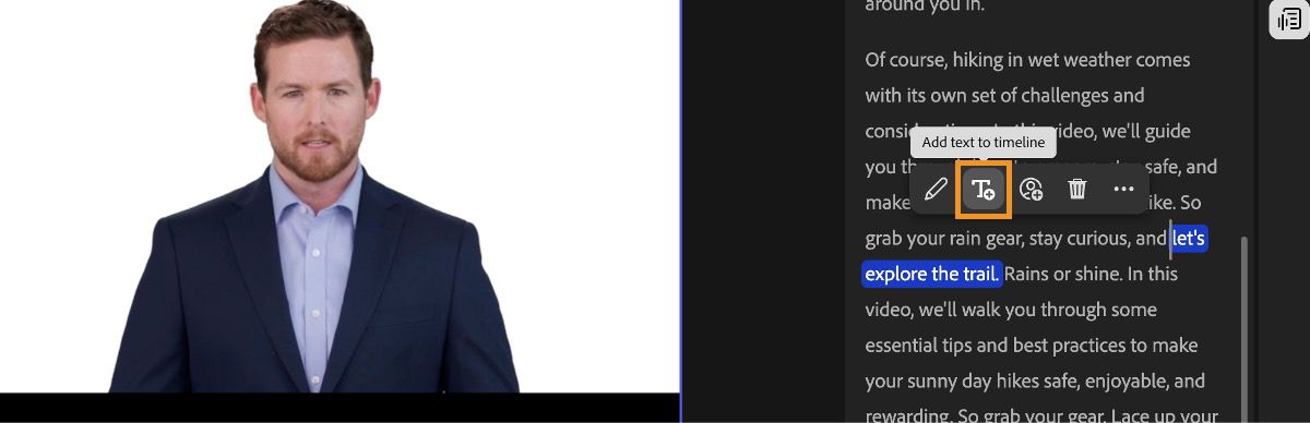 The text "unique and refreshing experience" is highlighted and the Add text in timeline option is highlighted.