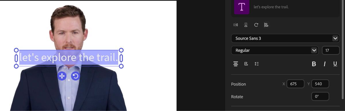 Text „jedinečný a osvěžující zážitek&quot; je přidán do časové osy a je aktivován jeho panel Vlastnosti.