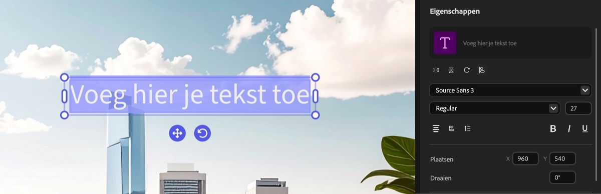 De tekst die aan het voorvertoningsdeelvenster is toegevoegd, is geselecteerd en als je er met je cursor overheen beweegt, krijg je de optie om het tekstvak te verslepen en te herpositioneren, of om de formaatgrepen te gebruiken als je het formaat wilt aanpassen.