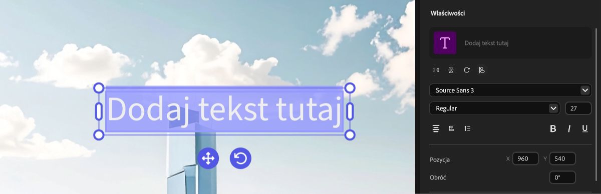 Tekst dodany do panelu podglądu jest zaznaczony i po najechaniu myszką masz możliwość przeciągnięcia i zmiany położenia pola tekstowego lub użycia uchwytów do zmiany rozmiaru, jeśli chcesz dostosować jego wielkość.