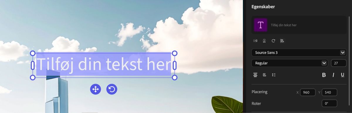 Den tekst, der er tilføjet til forhåndsvisningspanelet, er valgt, og når du holder markøren over, har du mulighed for at trække og omplacere tekstboksen eller bruge størrelseshåndtagene, hvis du vil justere dens størrelse.