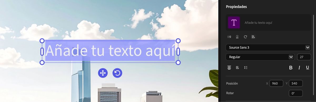 El texto agregado al panel de vista previa está seleccionado y al pasar el cursor por encima, tienes la opción de arrastrar y reposicionar el cuadro de texto, o usar los controladores de redimensionamiento si deseas ajustar su tamaño.